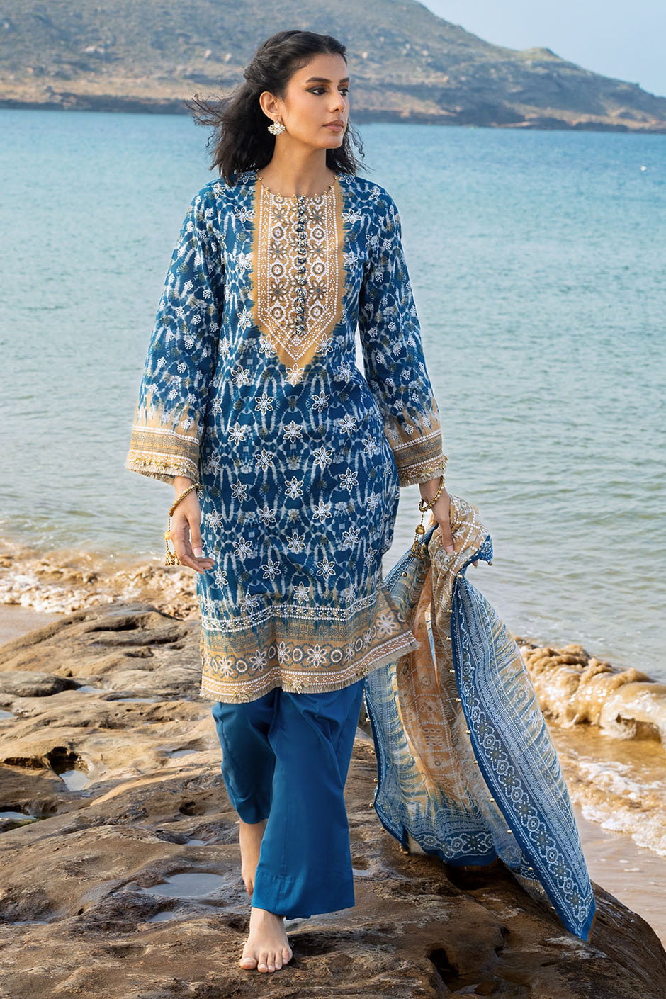 3 Piece Lacquer Printed Lawn Suit with Lacquer Printed Lawn Dupatta and Dyed Trouser
