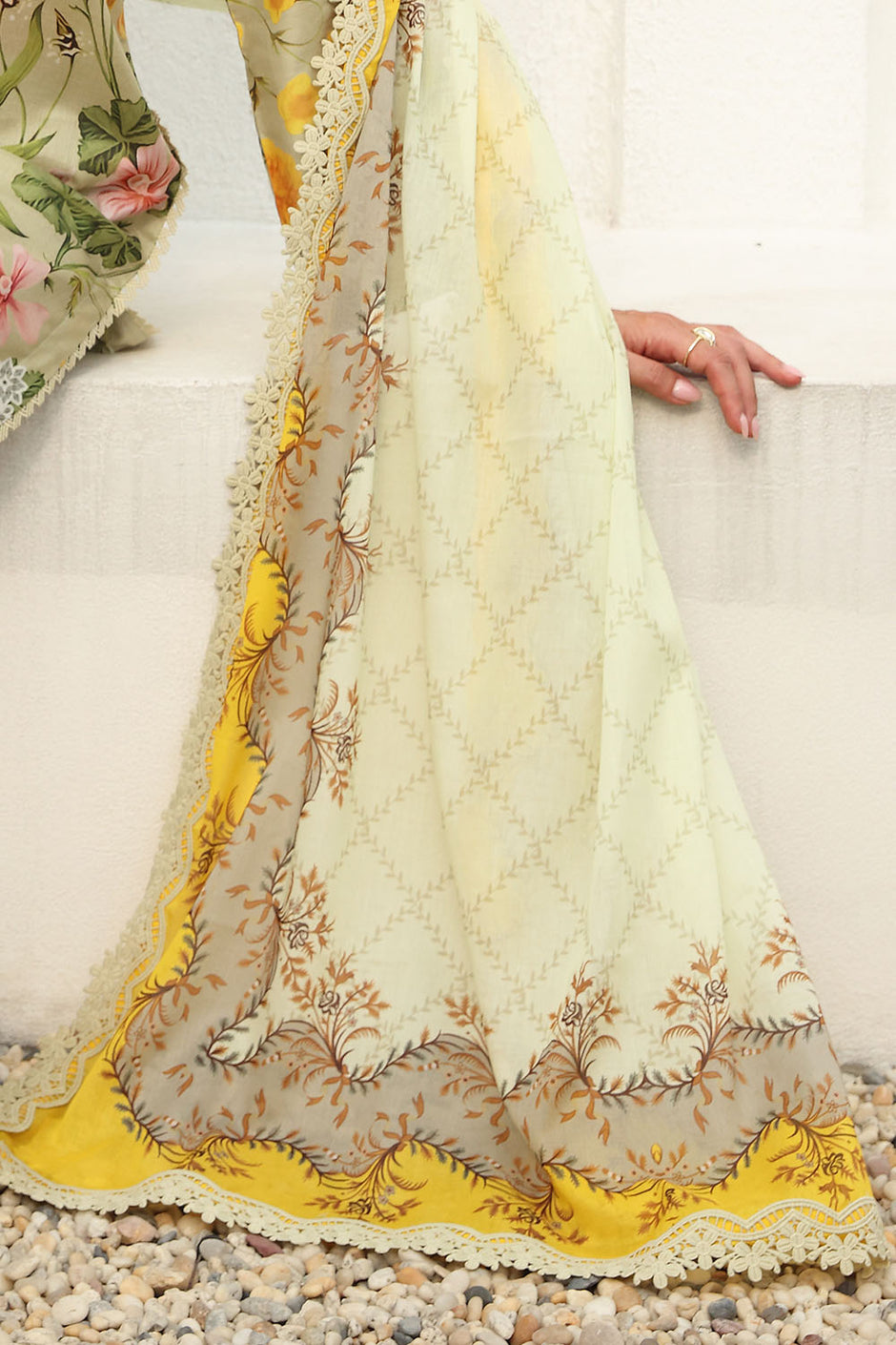 3 Piece Printed Lawn Suit with Printed Lawn Dupatta and Embroidered Schiffli Trouser Border