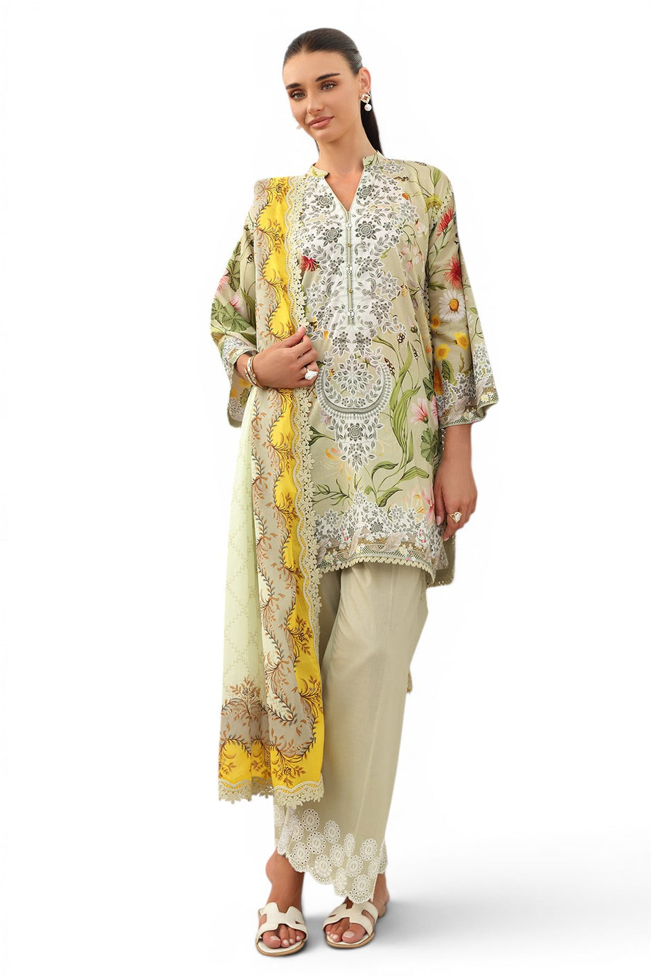 3 Piece Printed Lawn Suit with Printed Lawn Dupatta and Embroidered Schiffli Trouser Border