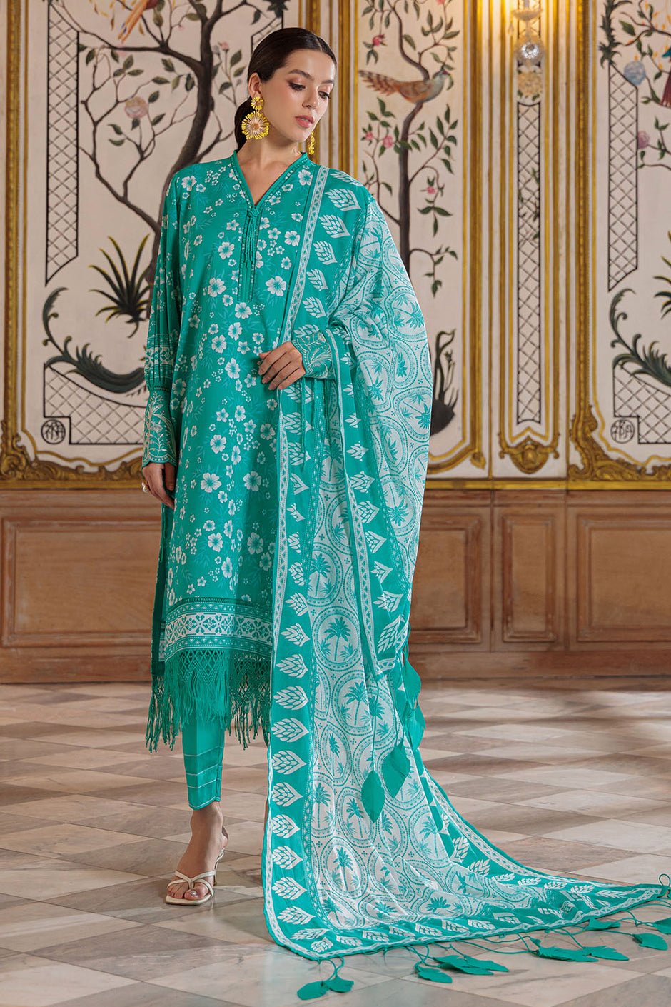 3 Piece Printed Lawn Suit with Embroidered Trouser Border