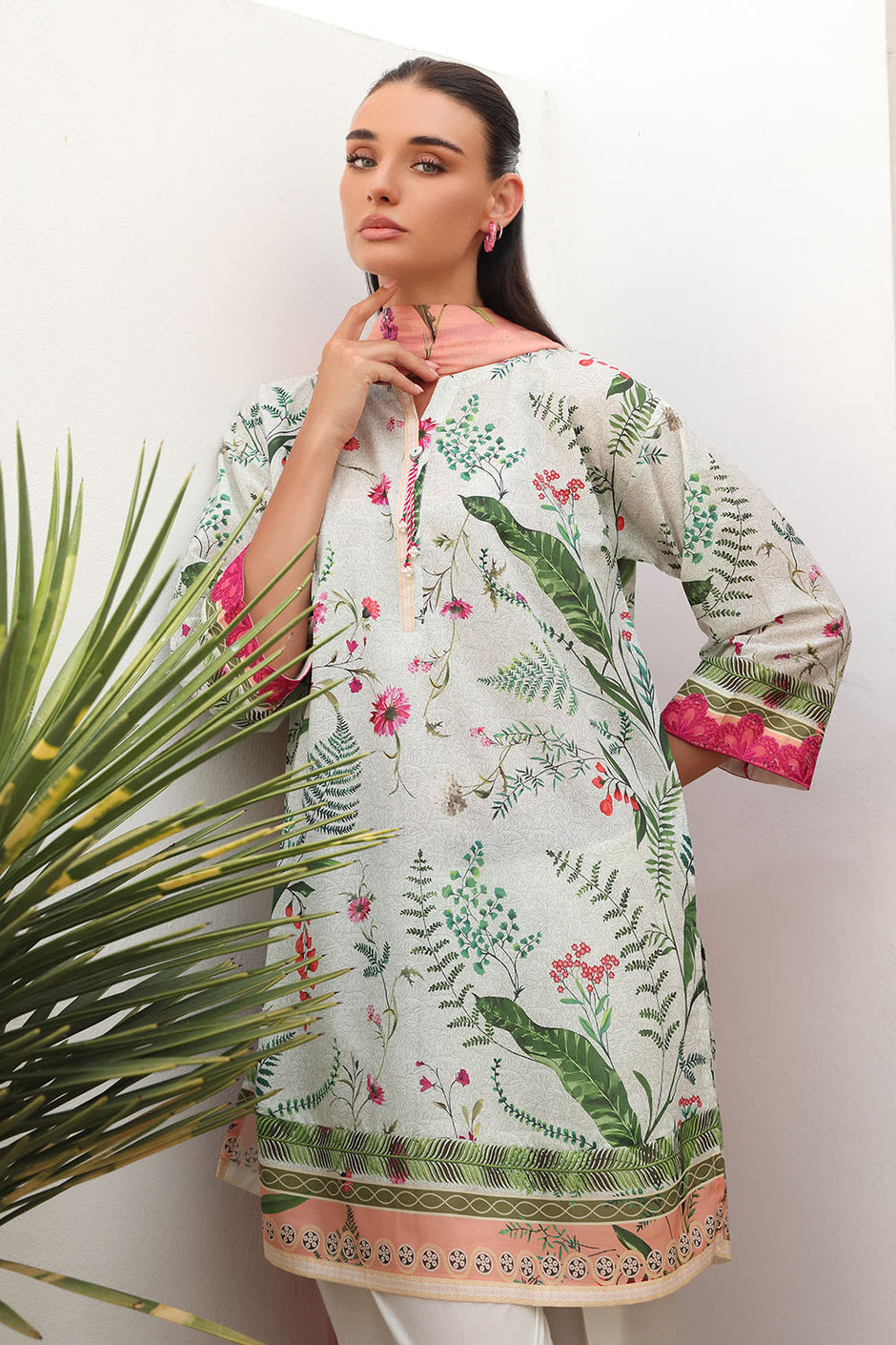 3 Piece Printed Lawn Suit with Printed Lawn Dupatta and Embroidered Neckline and Sleeve Laces