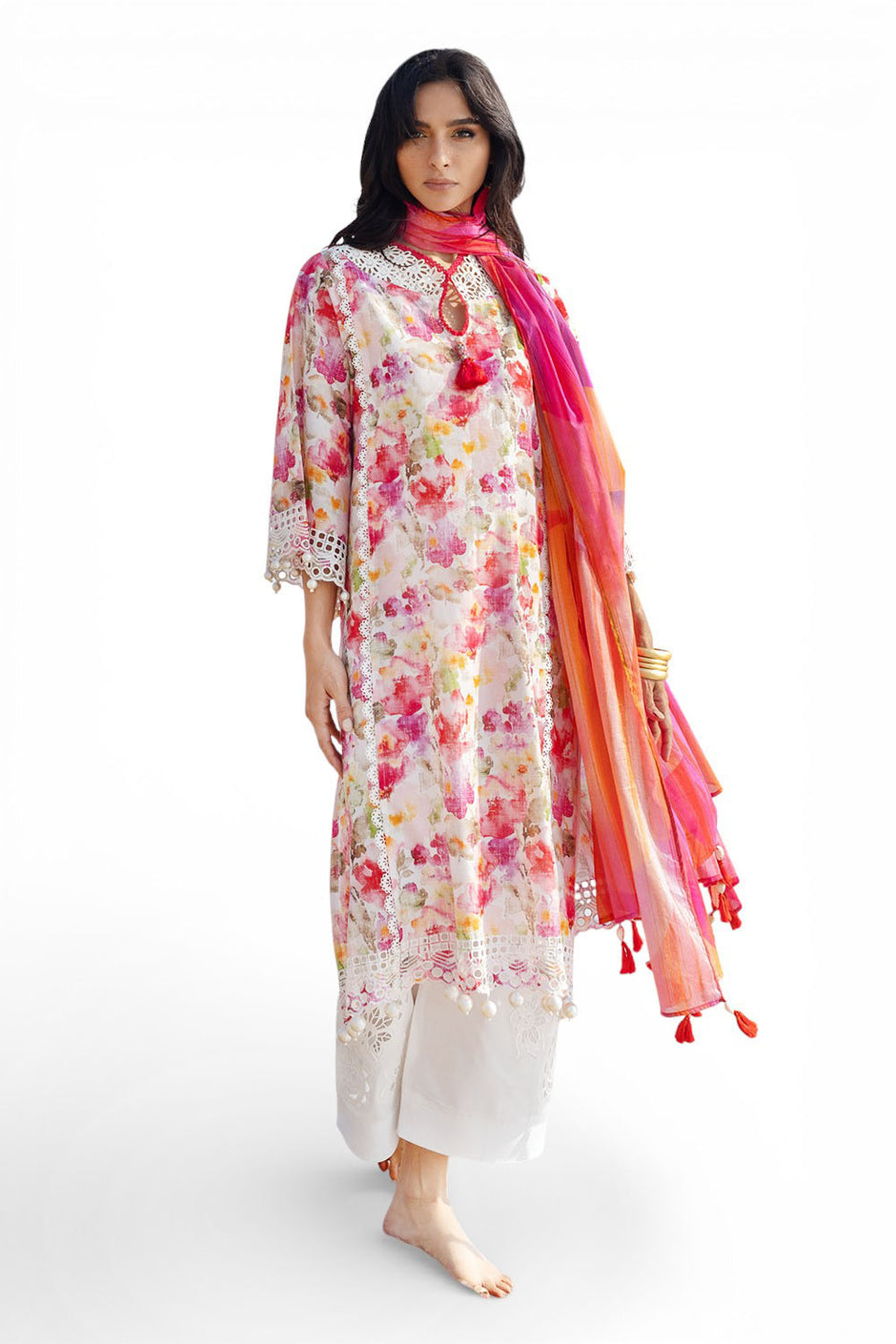 3 Piece Schiffli Embroidered Printed Lawn Suit with Lace Dupatta CL-52645