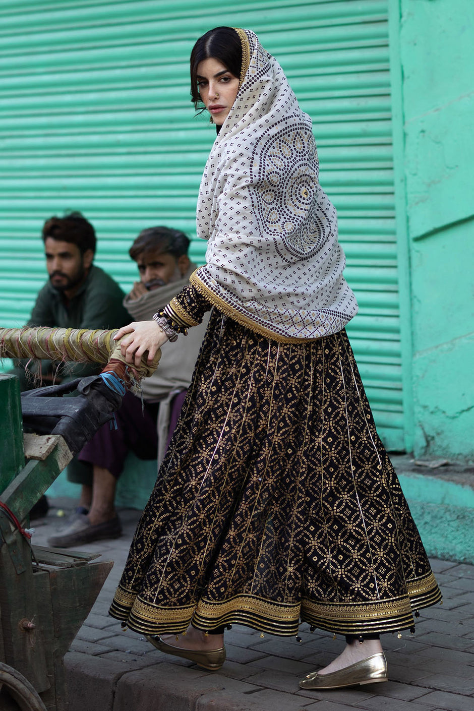 3 Piece Gold Printed Lawn Suit with Gold and Lacquer Printed Mehsuri Dupatta and Dyed Trouser