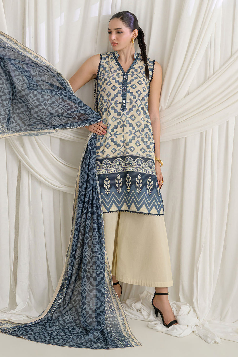 3 Piece Printed Mehsuri Stripe Lawn Suit with Printed Mehsuri Stripe Lawn Dupatta and Dyed Trouser