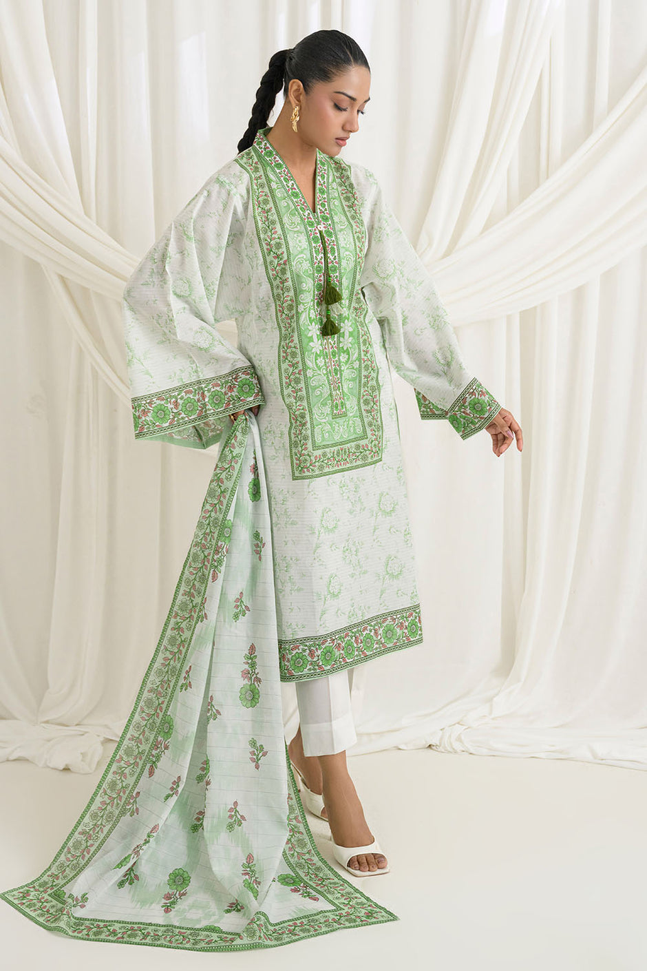 3 Piece Printed Mehsuri Stripe Lawn Suit with Printed Mehsuri Stripe Lawn Dupatta and Dyed Trouser