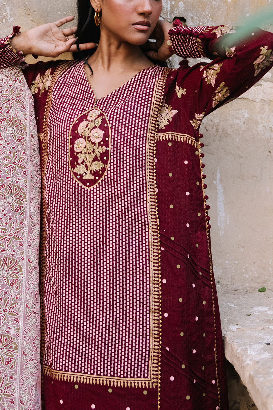 3 Piece Printed Cotton Silk Suit with Handwork and Lacquer Printed Organza Dupatta