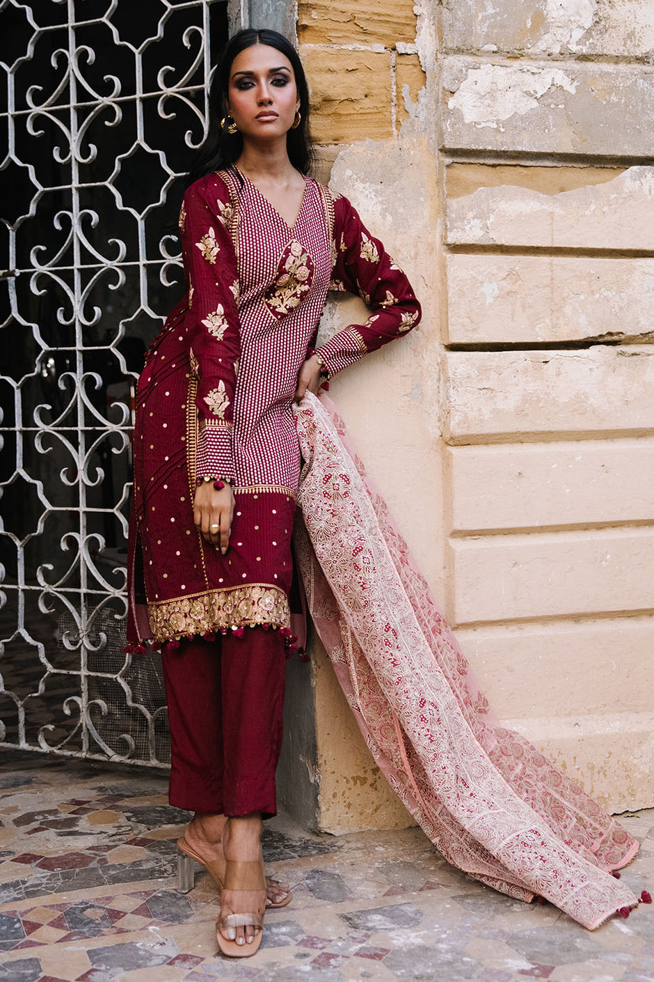 3 Piece Printed Cotton Silk Suit with Handwork and Lacquer Printed Organza Dupatta