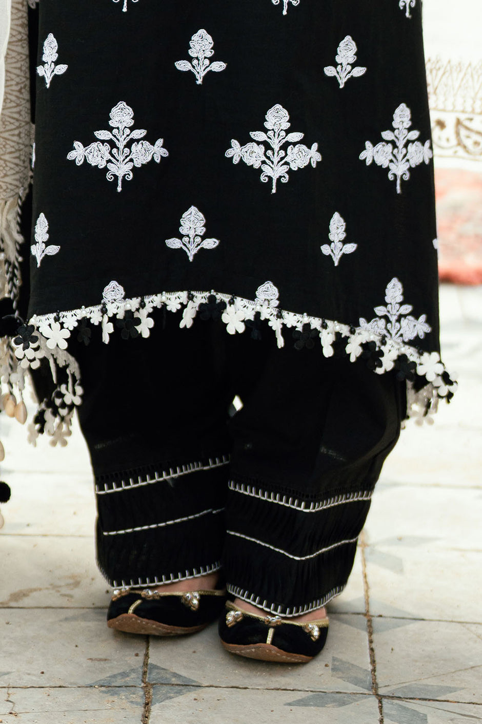 3 Piece Gold and Silver Printed Pashmina Suit with Embroidered Khaddar Shirt and Dyed Trouser