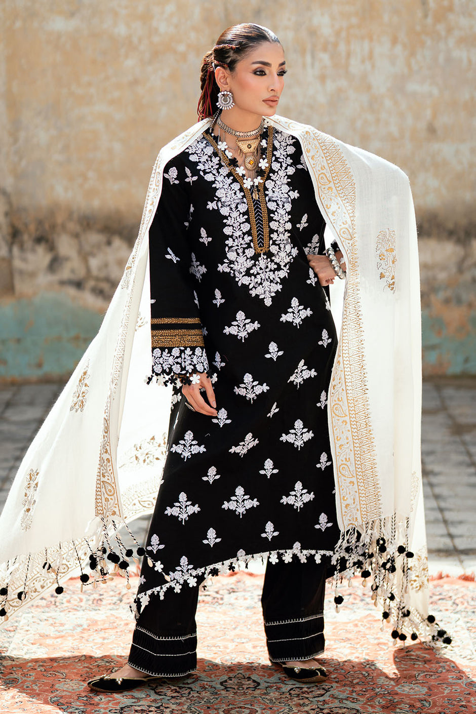 3 Piece Gold and Silver Printed Pashmina Suit with Embroidered Khaddar Shirt and Dyed Trouser