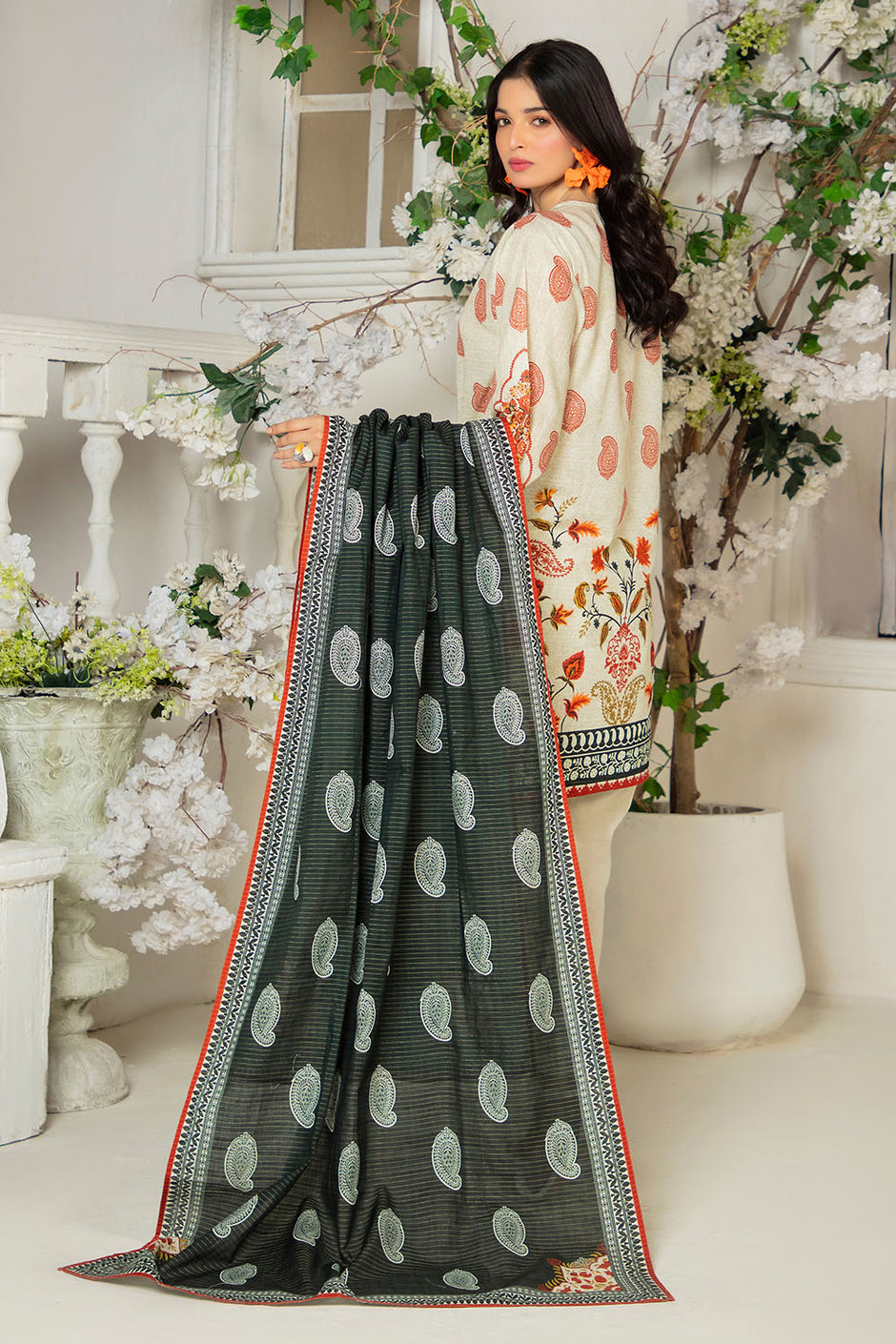 3 Piece Printed Stripe Khaddar Suit with Dupatta
