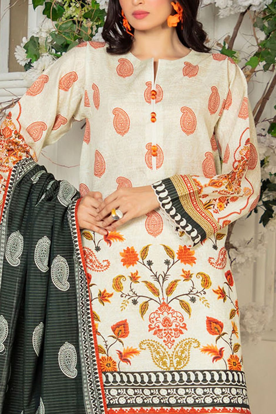 3 Piece Printed Stripe Khaddar Suit with Dupatta