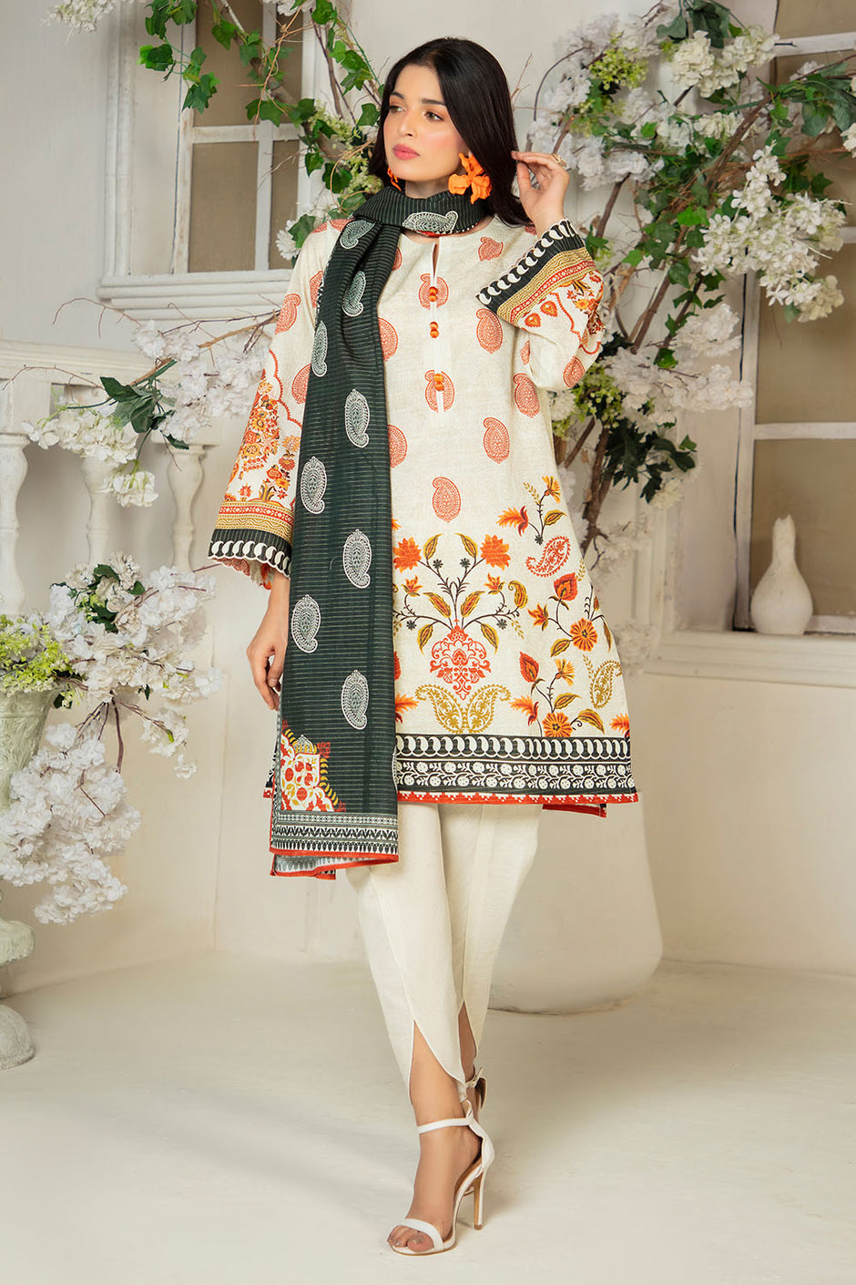 3 Piece Printed Stripe Khaddar Suit with Dupatta