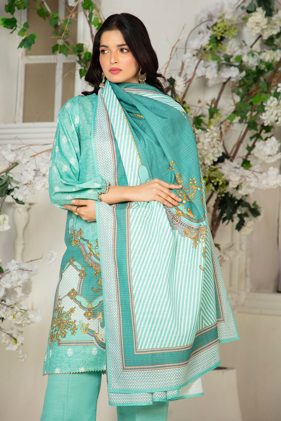 3 Piece Printed Stripe Khaddar Suit with Dupatta