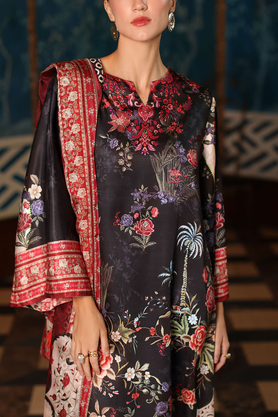 3 Piece Printed Charmeuse Silk Suit with Printed Tissue Silk Dupatta