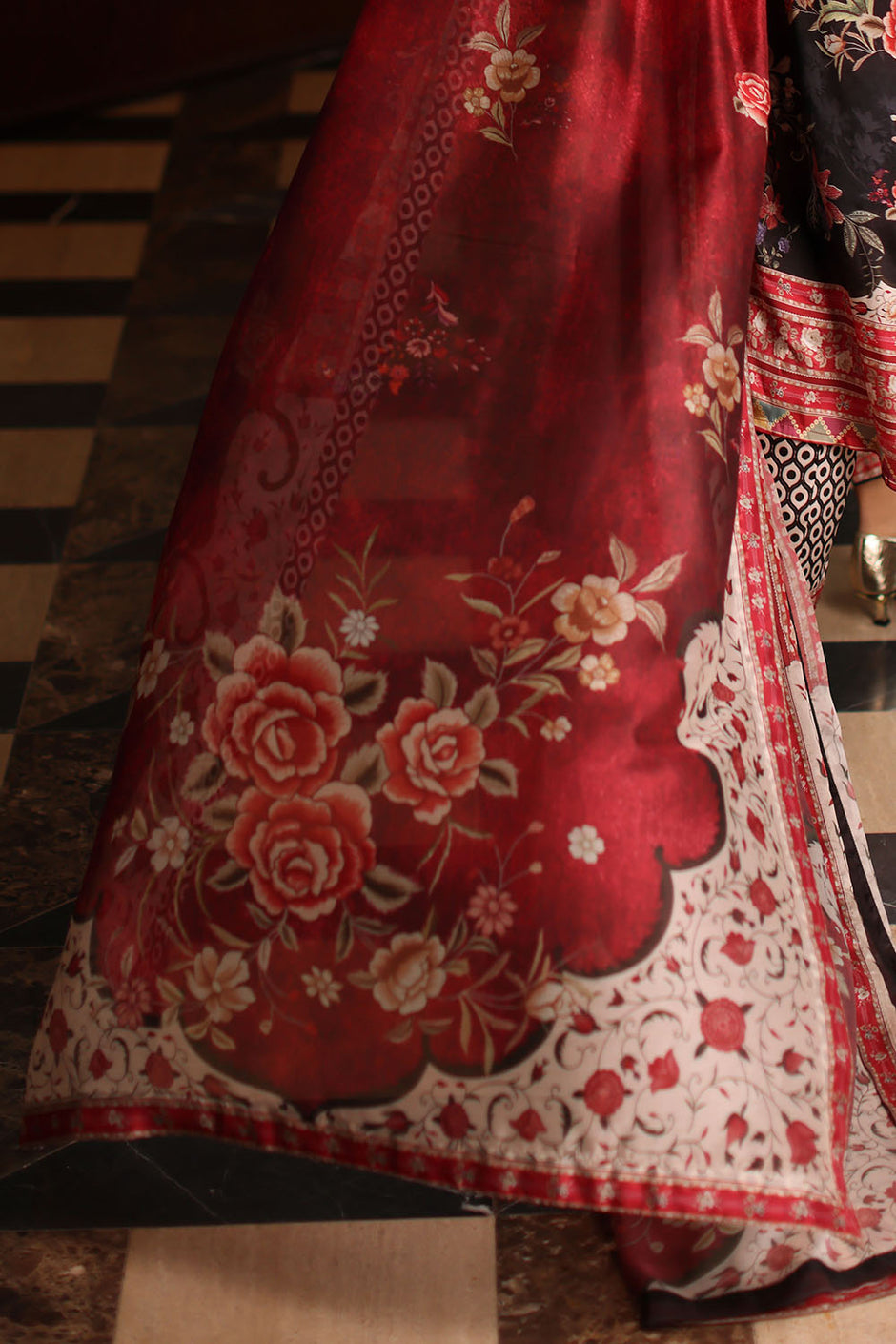 3 Piece Printed Charmeuse Silk Suit with Printed Tissue Silk Dupatta