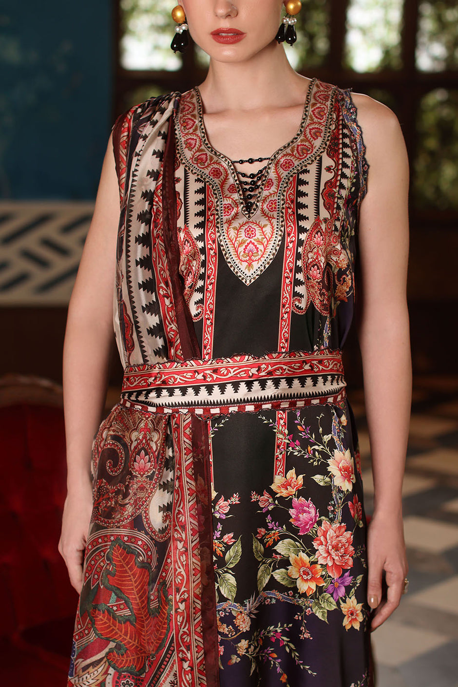 3 Piece Printed Charmeuse Silk Suit with Printed Tissue Silk Dupatta
