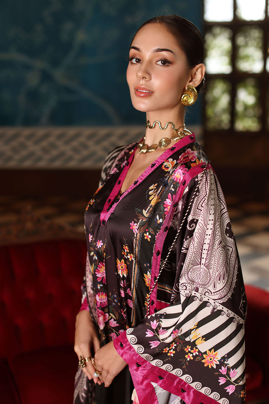 3 Piece Printed Charmeuse Silk Suit with Printed Tissue Silk Dupatta