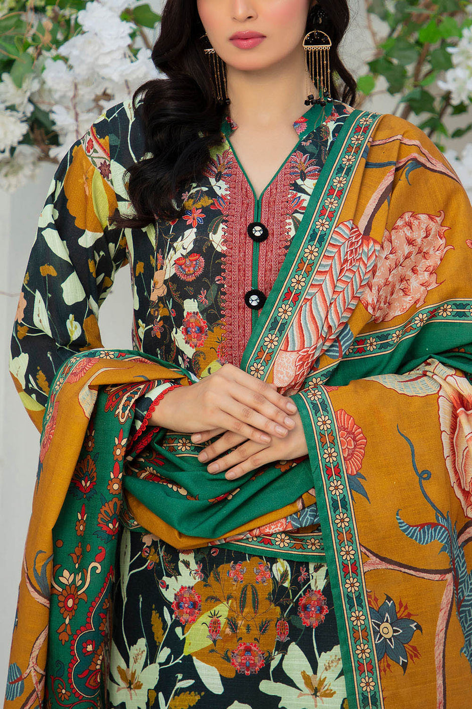 3 Piece Printed Zari Cotton & Khaddar Suit with Dupatta