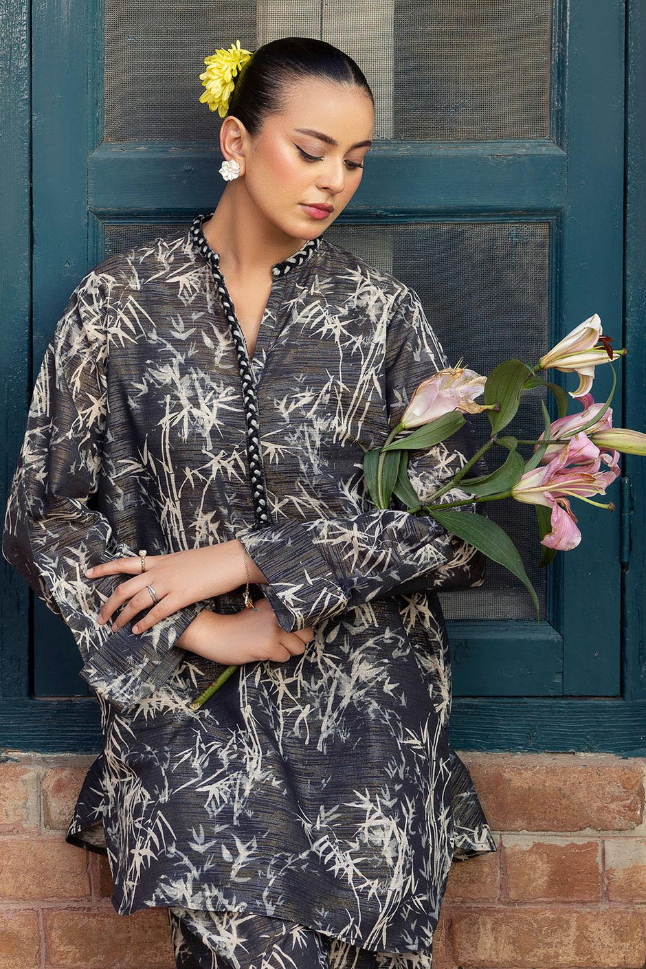 2 Piece Printed Zari Stripe Self Jacquard Suit