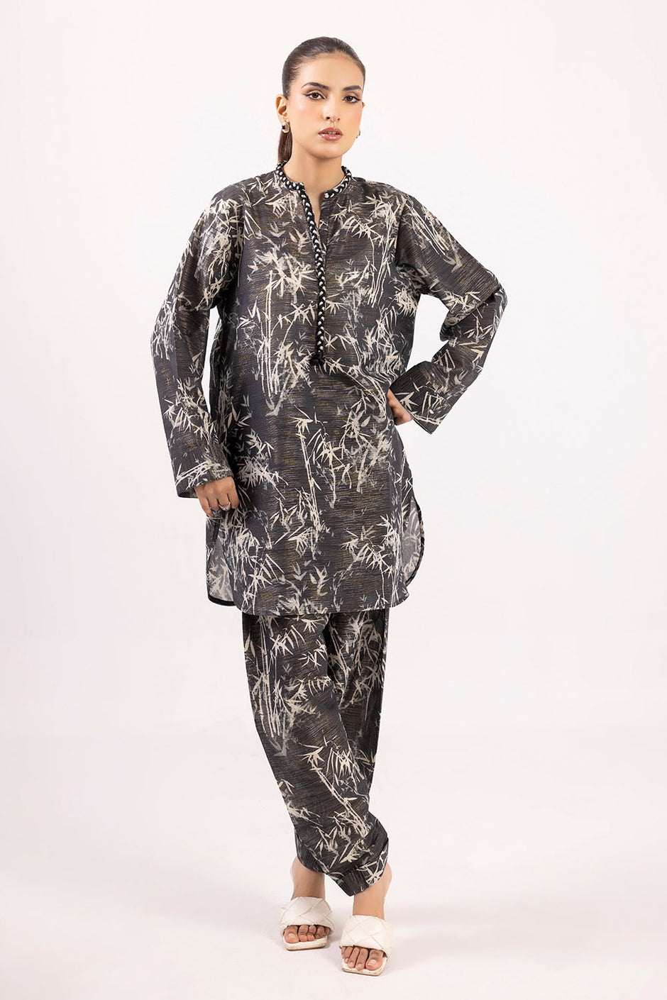 2 Piece Printed Zari Stripe Self Jacquard Suit
