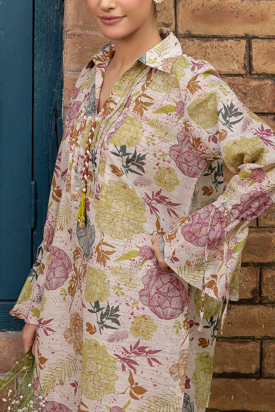 2 Piece Printed Zari Stripe Self Jacquard Suit