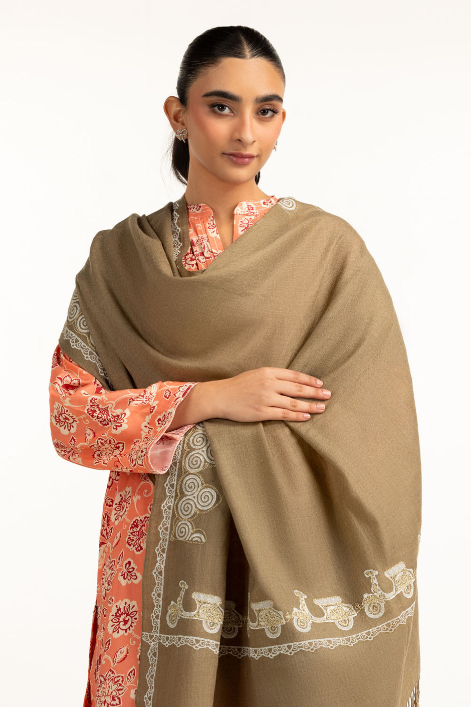 Acrylic Block Printed Shawl With Embroidered