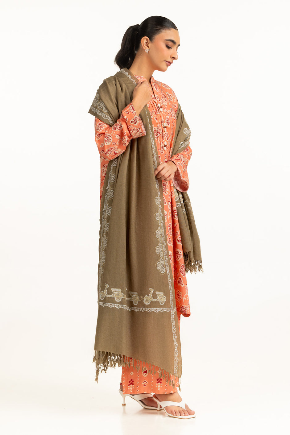 Acrylic Block Printed Shawl With Embroidered