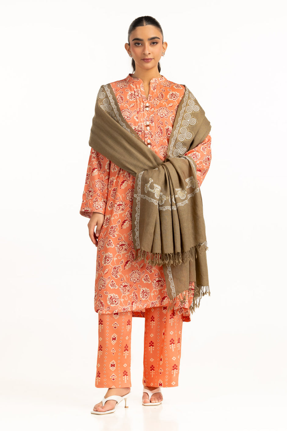 Acrylic Block Printed Shawl With Embroidered
