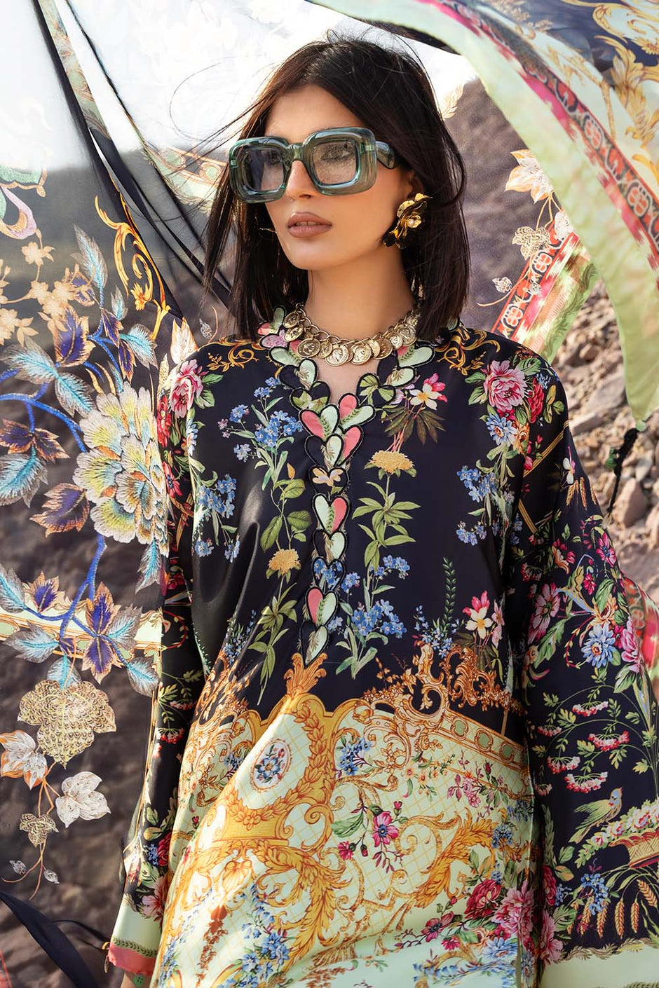 3 Piece Printed Silk Charmeuse Suit with Dupatta