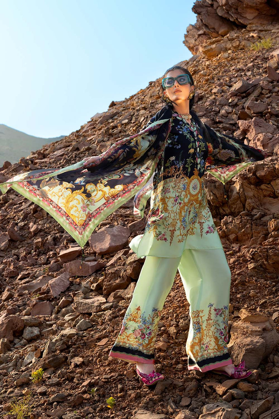 3 Piece Printed Silk Charmeuse Suit with Dupatta