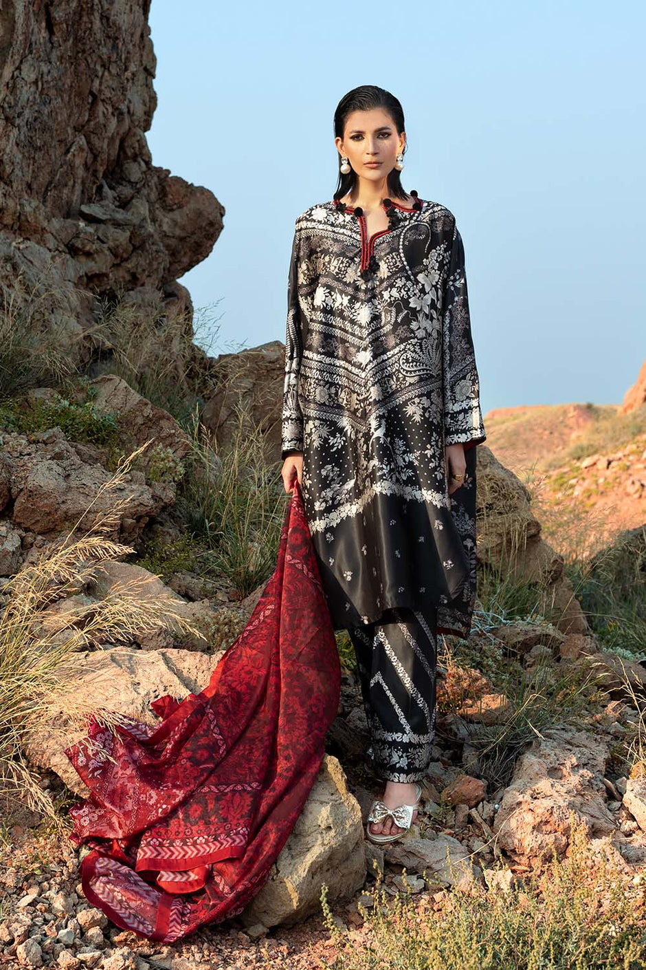3 Piece Printed Silk Charmeuse Suit with Dupatta