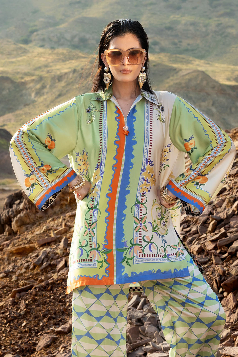 2 Piece Printed Charmeuse Silk Suit with Trouser