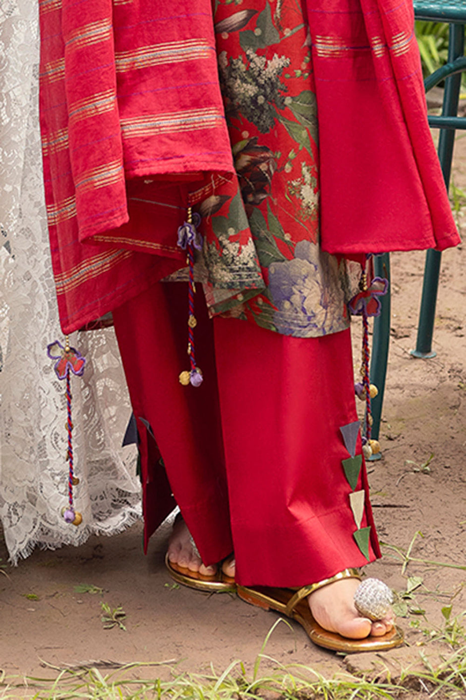 3 Piece Printed Lurex Jacquard Suit with Stripe Dupatta