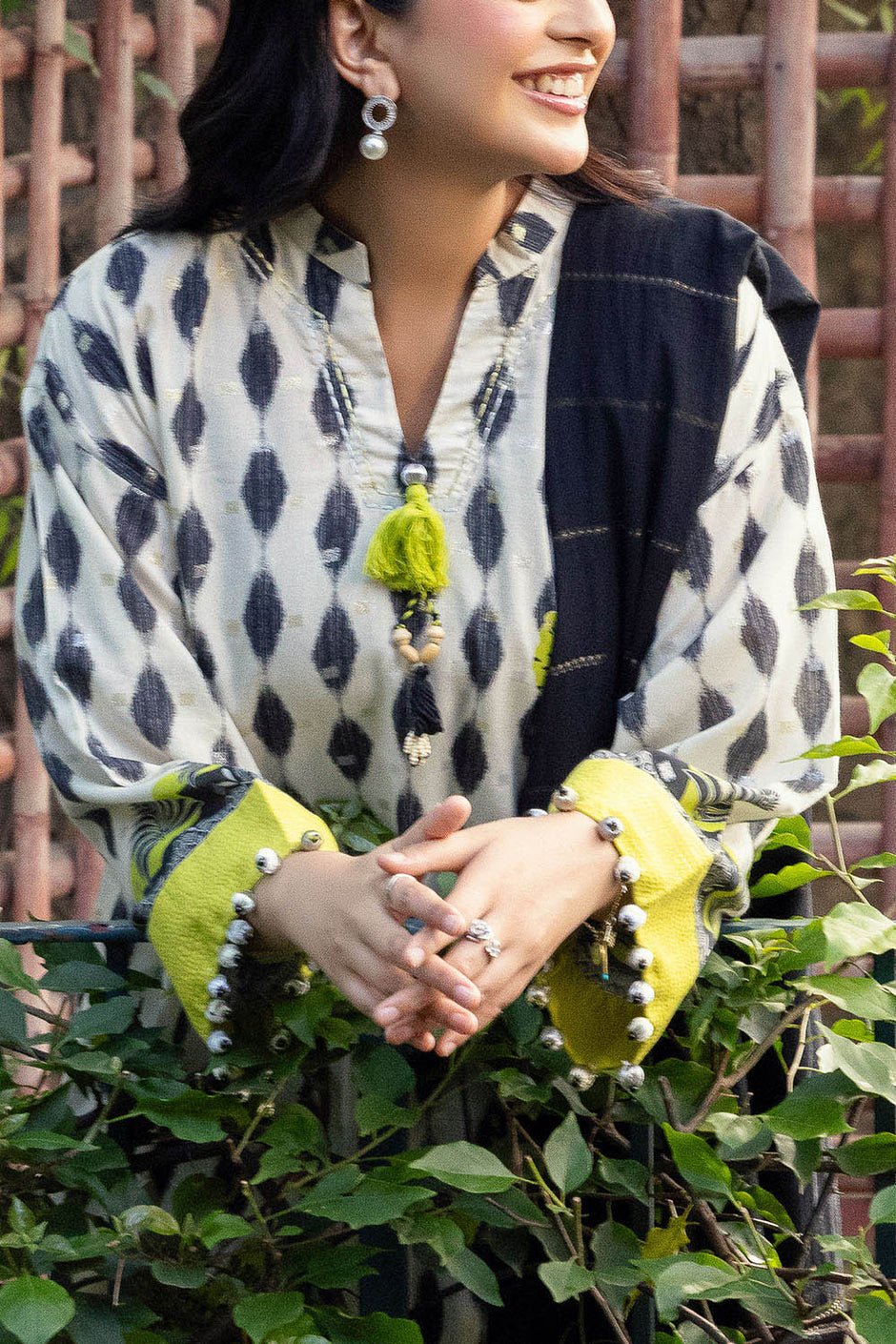 3 Piece Printed Lurex Jacquard Suit with Stripe Dupatta
