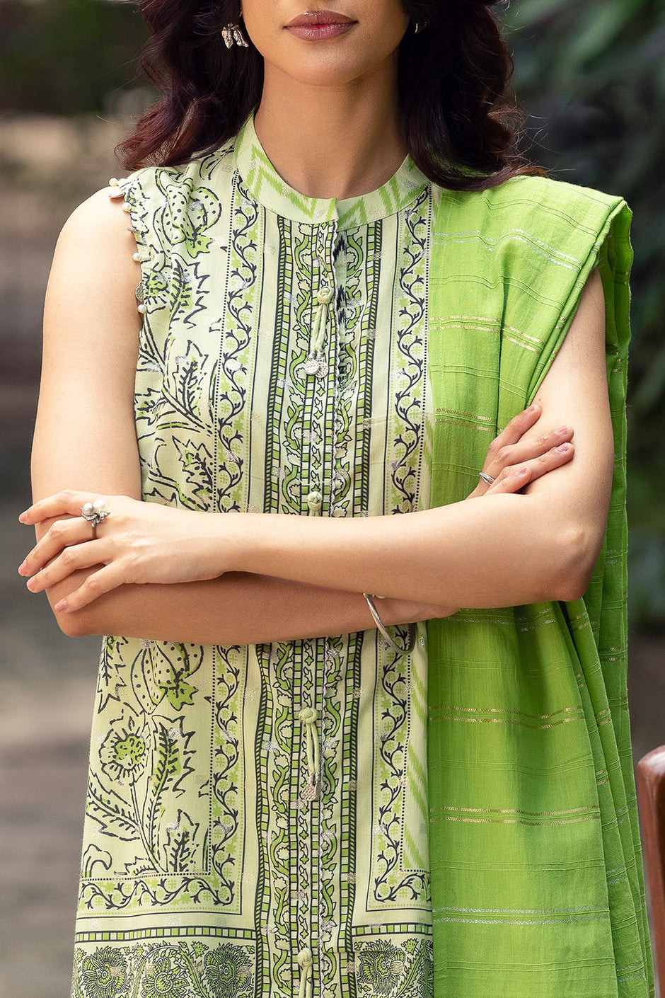 3 Piece Printed Lurex Jacquard Suit with Stripe Dupatta