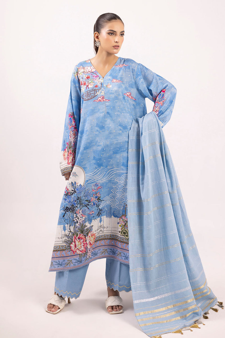 3 Piece Printed Lurex Jacquard Suit with Stripe Dupatta
