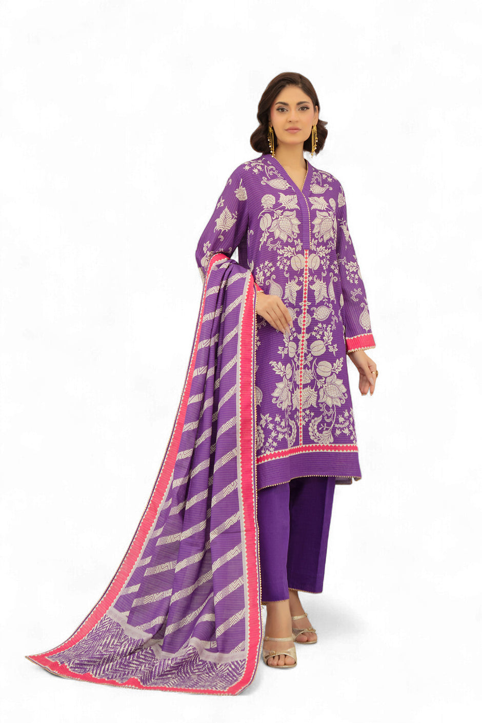 3 Piece Printed Stripe Khaddar Suit with Dupatta SD-52191
