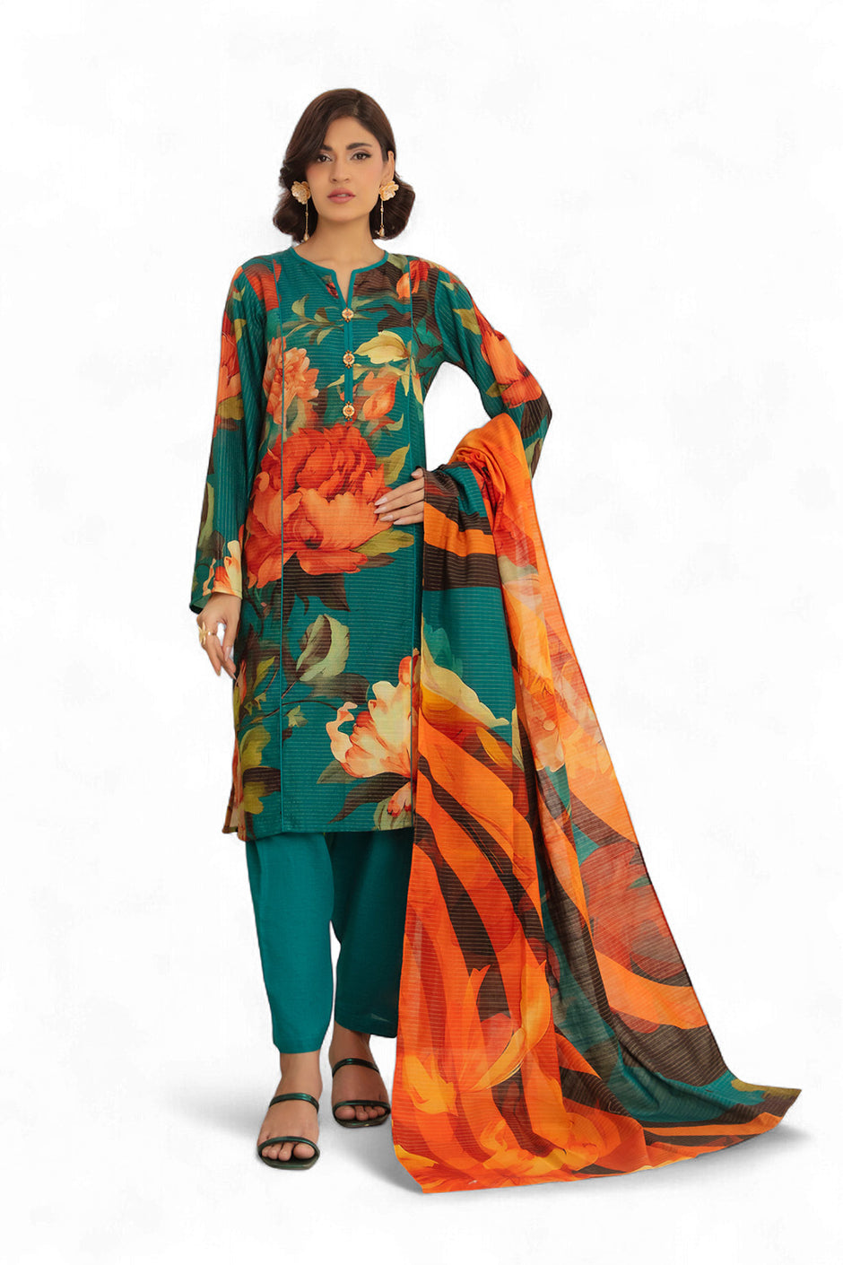 3 Piece Printed Stripe Khaddar Suit with Dupatta SD-52193