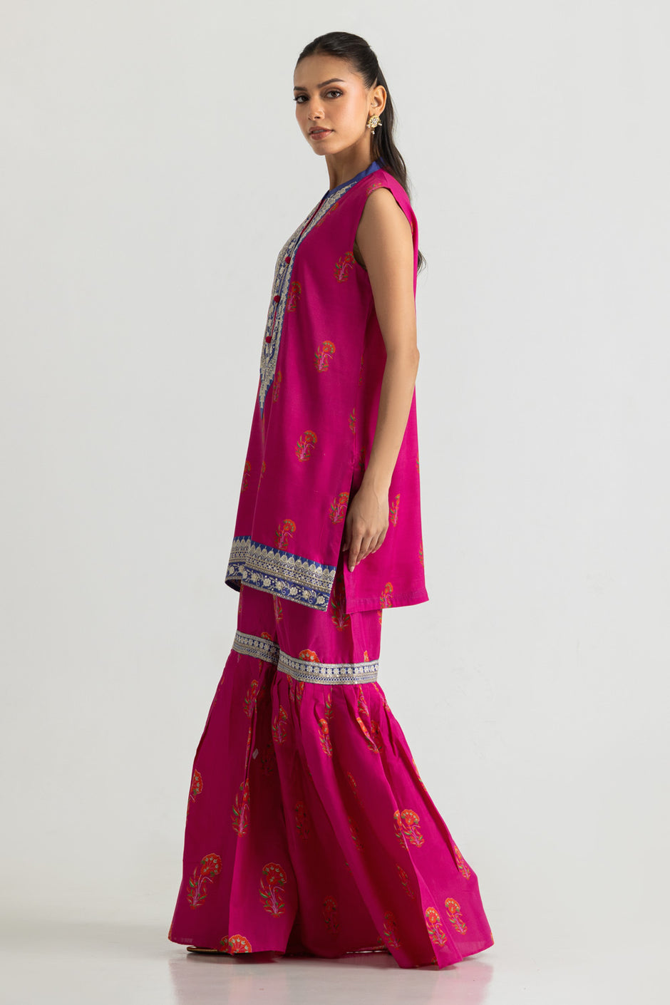 Viscose Raw Silk Printed Shirt And Gharara With Embroidered