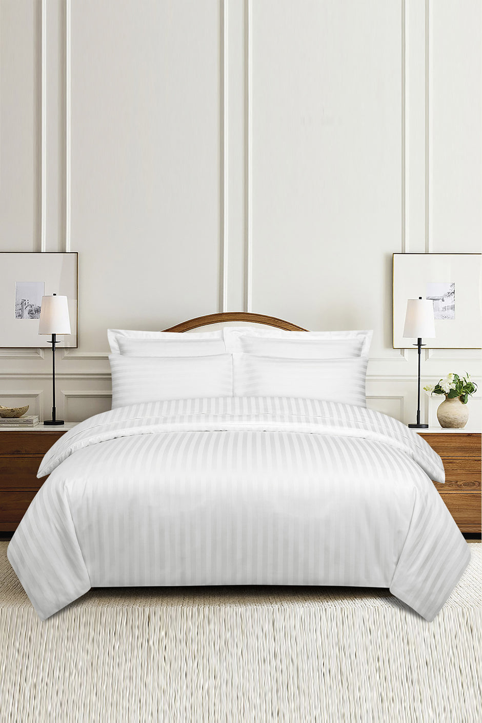 White Stripe Satin Complete Bed Set