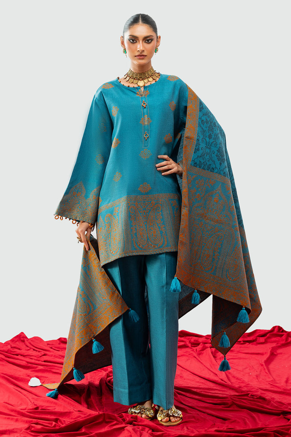 3 Piece Yarn Dyed Jacquard Suit with Dupatta