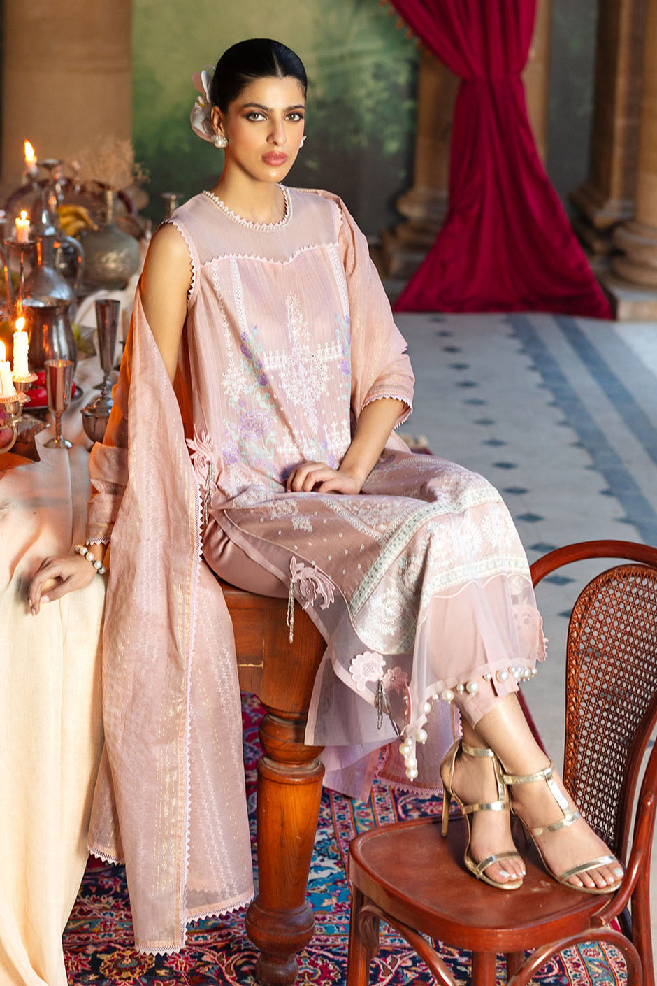 3 Piece Embroidered Dobby Suit with Borders and Zari Dupatta