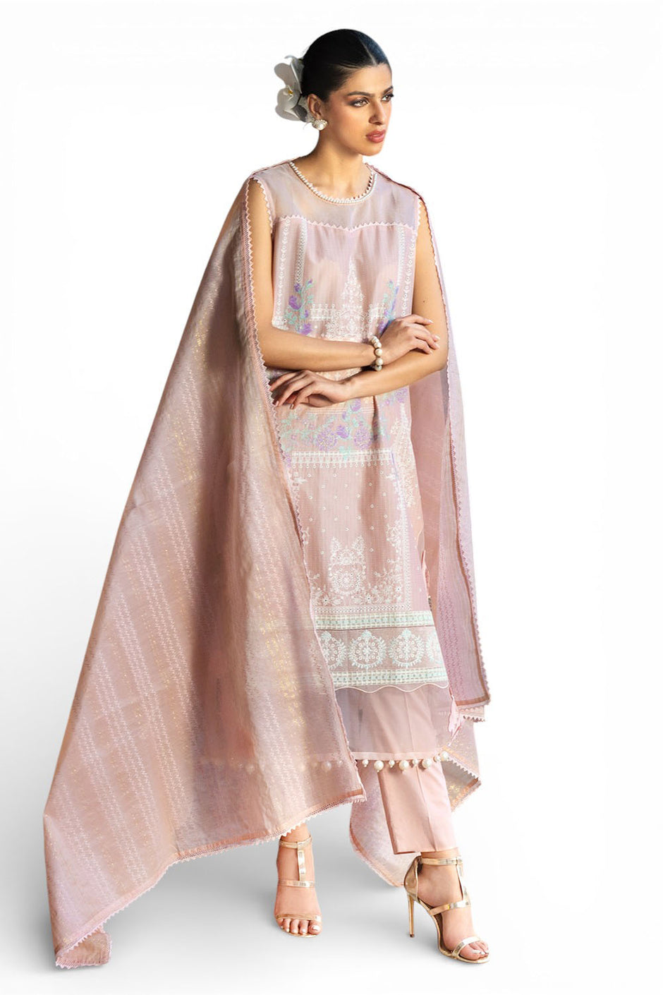 3 Piece Embroidered Dobby Suit with Borders and Zari Dupatta FE-52024