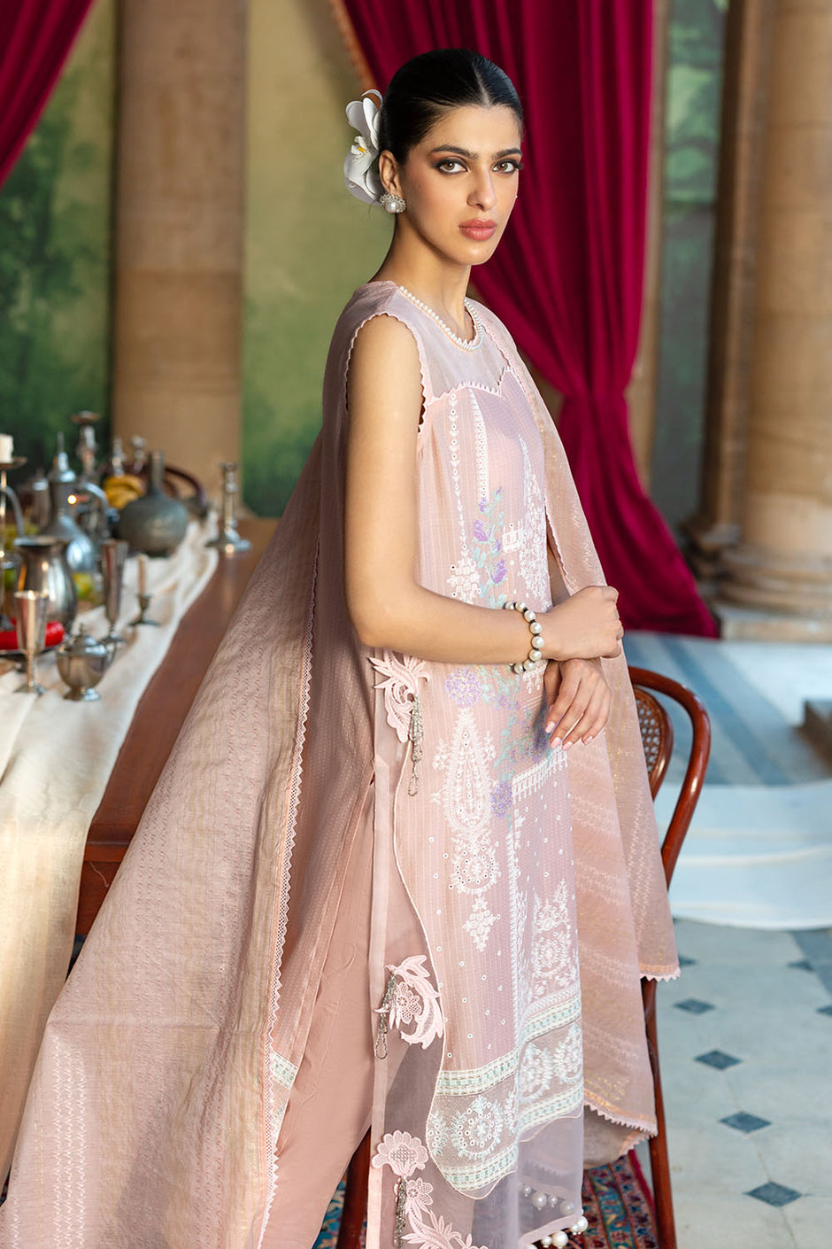 3 Piece Embroidered Dobby Suit with Borders and Zari Dupatta