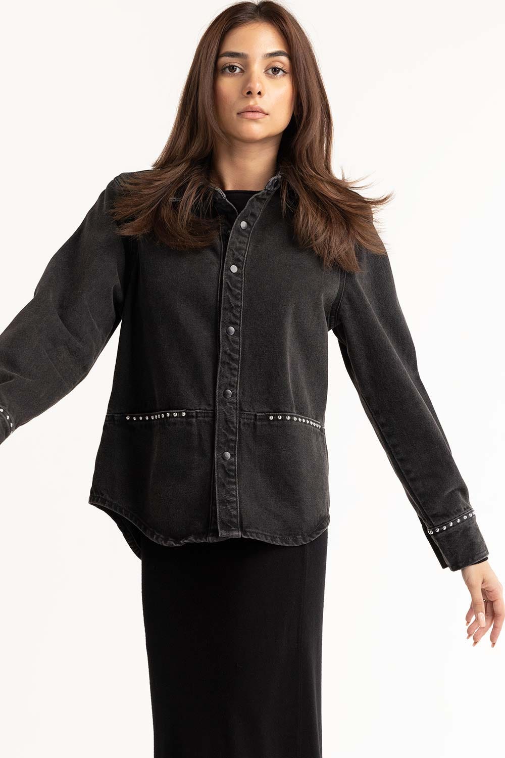 Black Charcoal Denim Button Down Shirt 224-217-018