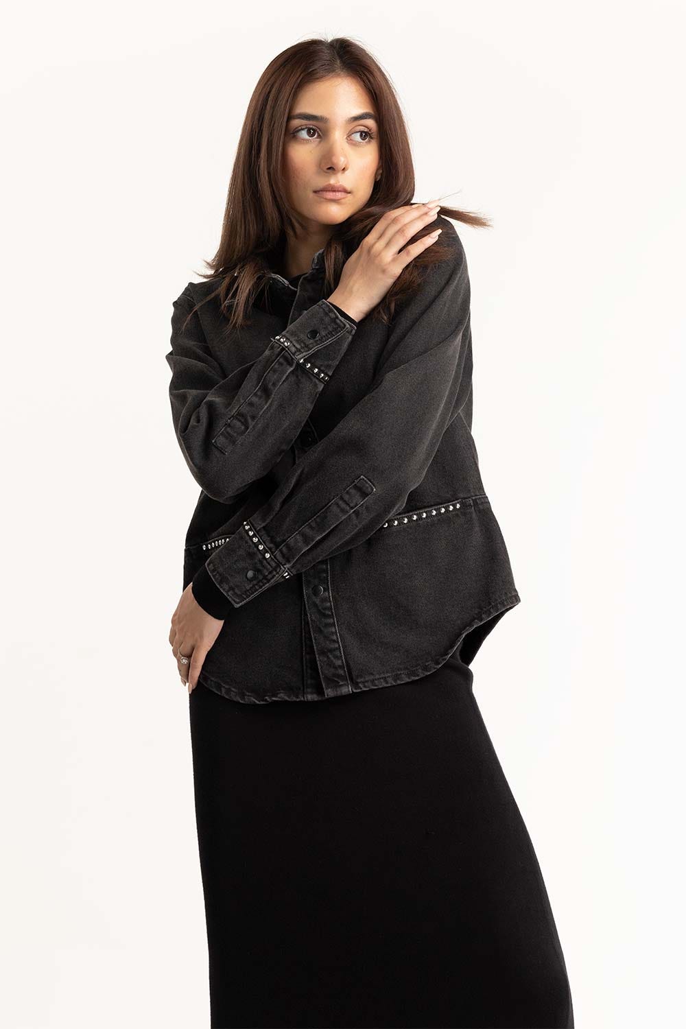 Black Charcoal Denim Button Down Shirt 224-217-018