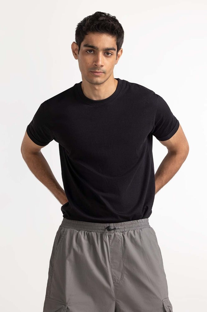 Black Rolled Up Sleeve Tee TS-CNSJ24-090