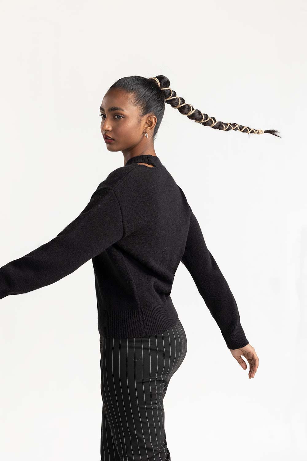 Black Shoulder Cutout Sweater 224-211-022