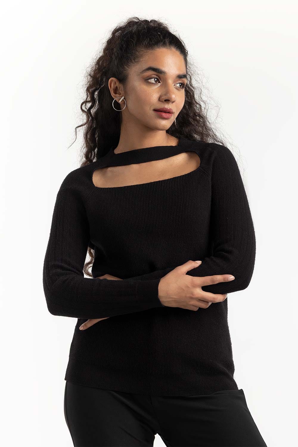 Black Neck Cutout Sweater 224-211-049
