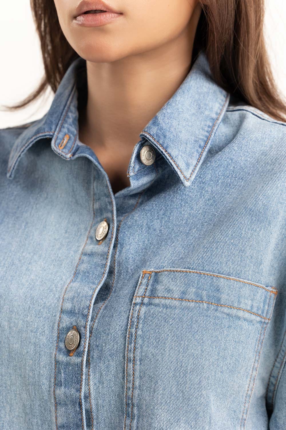 Blue Basic Denim Button Down Shirt 224-217-016